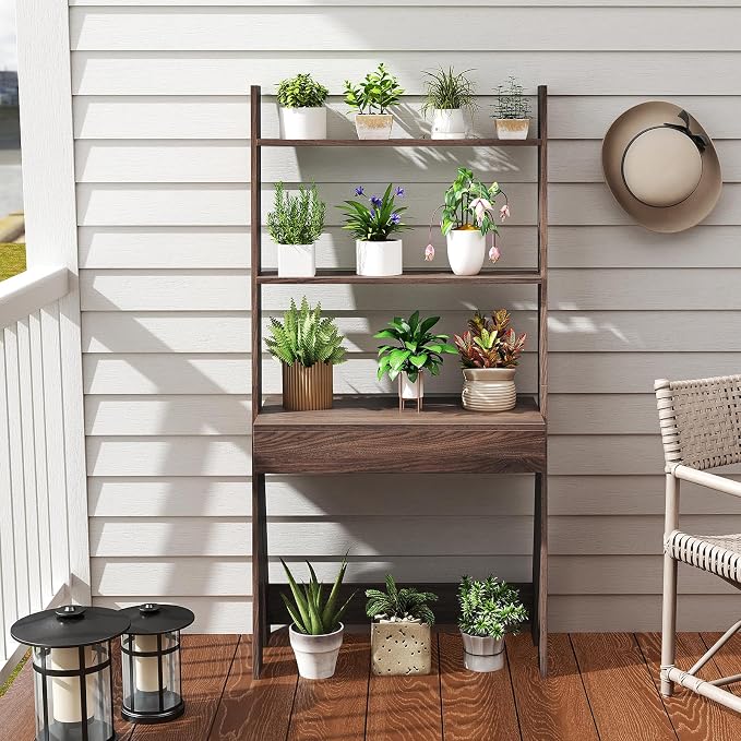 Tangkula Ladder Desk with Countertop & Drawer, Home Office Computer Laptop Table with Open Shelves & Anti-Tip Kits, Wall-Leaning Compact Working Station for Small Spaces (Walnut)
