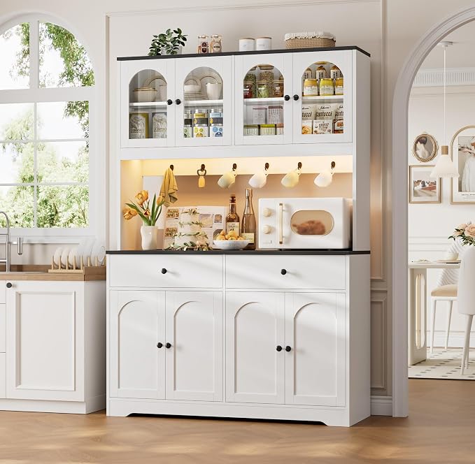 HIFIT 71" LED Kitchen Pantry Cabinet with Power Outlet, Large Kitchen Hutch Cabinet with 2 Storage Drawers & Arched Door, Countertop & Hooks, Tall China Bar for Dining Living Room (White + Black)