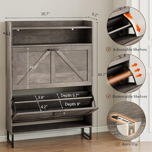 BORNOON Shoe Cabinet with 2 Flip Drawers Narrow Shoe Storage Organizer Wooden Freestanding Rack Hidden Slim Shoes Storage Cabinet for Entryway, Hallway, Living Room, Bedroom (Grey)