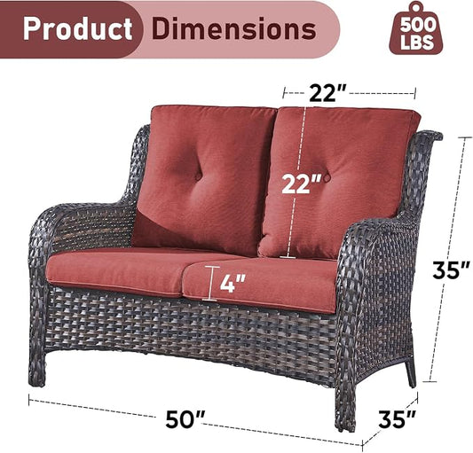 Outdoor Loveseat Sofa-2 Seater Rattan Wicker Patio Couch High Back Patio Sofa for Porch Deck Backyard-Brown/Red