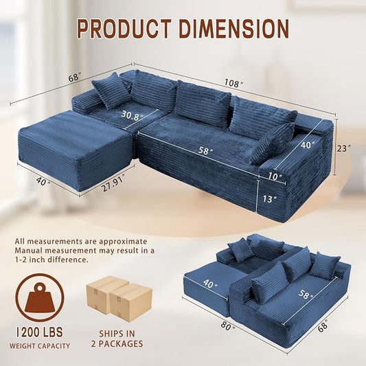 Korser 108" L-Shaped Modular Sectional Sofa with Chaise, Boneless Comfy Corduroy Fluffy Couch with Deep Seat and Side Pockets, Flexible Module Combination for Living Room, No Assembly, Side Pockets