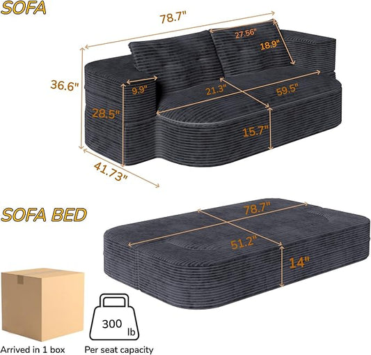78.7" Futon Sofa Bed, 2-in-1 Foldable Sleeper Sofa, Convertible Sofa Bed with Pillows, Corduroy Couch with Multi Functional Blanket Upholstered Boneless Couches for Living Room, Dark Gray