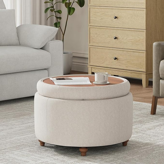 25Inch Round Ottoman with Storage, Tufted Fabric Modern Circle Ottoman with Reversible Tray Lid and Wood Legs, Multi-Functional Small Coffee Table for Living Room, Bedroom, Camel