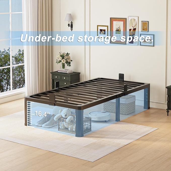 Yitong Angel 18 inch Twin Bed Frame with Rounded Corner Legs and Headboard Hole Mattress Slide Stopper 3500 LBS Heavy Duty Support Metal Platform,No Box Spring Needed, Noise Free, Easy Assembly