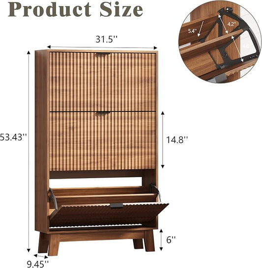Shoe Cabinet Storage for Entryway with 3 Flip Drawers, Fluted Narrow Shoe Organizer with Wooden Legs, Freestanding Slim Shoe Storage Hidden Shoe Rack Organizer for Front Door Entrance, Hallway, Walnut