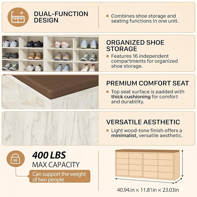 Shoe Rack Bench, Shoe Storage Bench with Cushion, Shoe Organizer 16 Cubbies for Entryway Hallway Bedroom Living Room, Holds Up to 400lbs