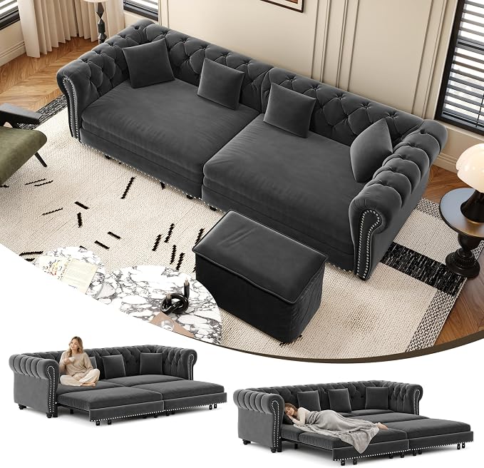 89" Velvet Pull Out Sofa Bed - 3-in-1 Convertible Sleeper Sofa with Ottoman, Button Tufted Chesterfield Sofa, Pull-out King Size Couch Bed, Space Saving for Small Spaces Apartments, Living Room, Grey