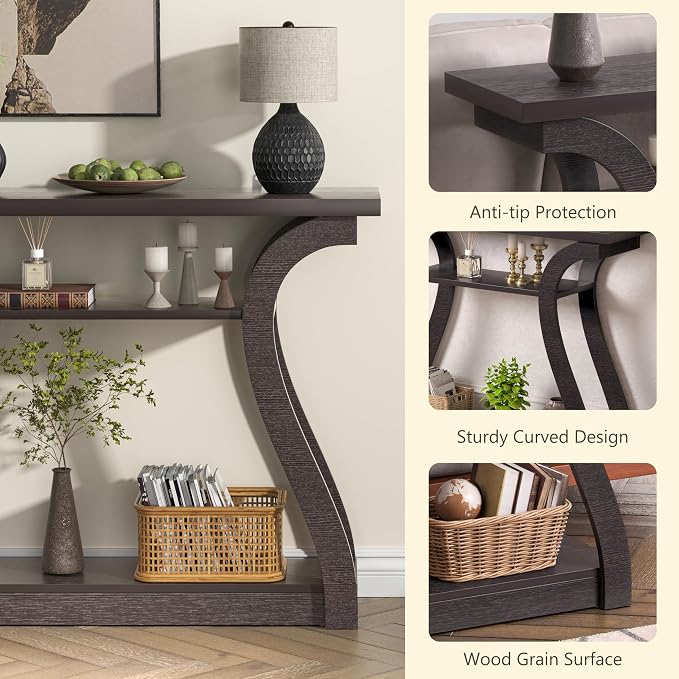 47" Wood Console Table for Entryway, Narrow Sofa Table with 3-Tier Shelves, Curved Legs Farmhouse Hallway Table, Skinny Console Table Behind Couch, Rustic Wooden Entry Table for Living Room (Brown)