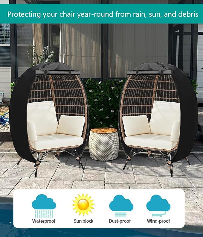 FLYMEI Wicker Egg Chair Cover Indoor Outdoor Lounger Chair Cover with Double Zipper for Wicker Patio Basket Chair, Waterproof, Dustproof and Anti-UV, 45.3" L x 23.6" W x 55.1" H
