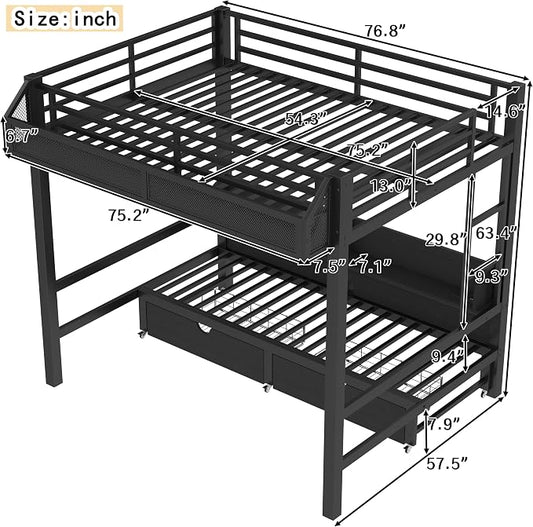 Bellemave Bunk Bed Full Over Full,Metal Bunk beds with Storage Shelves and Drawers USB Ports and LED Lights, Lower Bed That can be Converted into a Sofa, Black