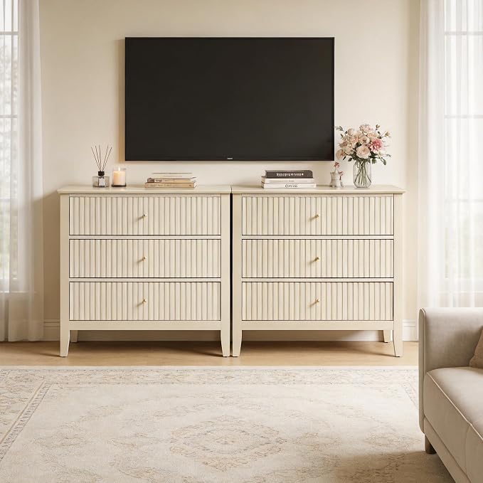 RoyalCraft Large 3 Drawer Dresser Set of 2, Fluted Wood Drawers for Bedroom, Modern Painted 30 inch Wide Nightstand for Bedroom, Entryway, Beige