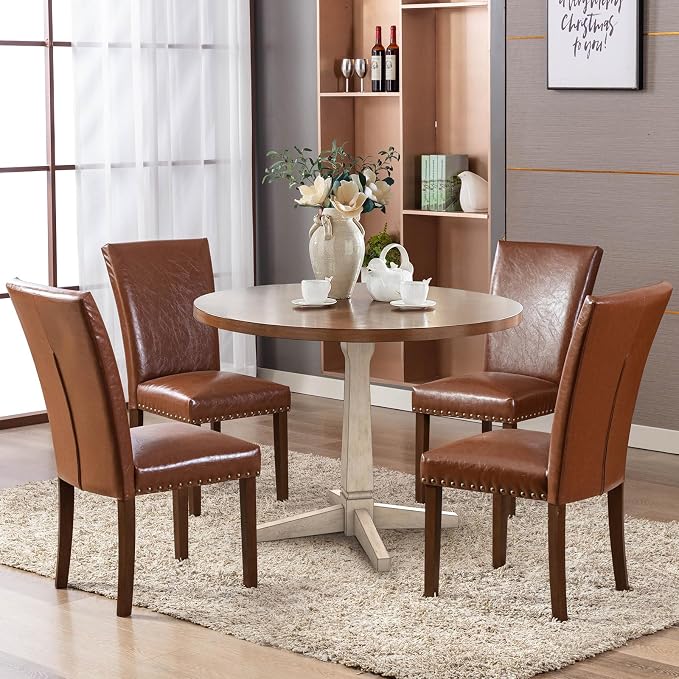 COLAMY Upholstered Parsons Dining Chairs Set of 2, PU Leather Dining Room Kitchen Side Chair with Nailhead Trim and Wood Legs - Light Brown