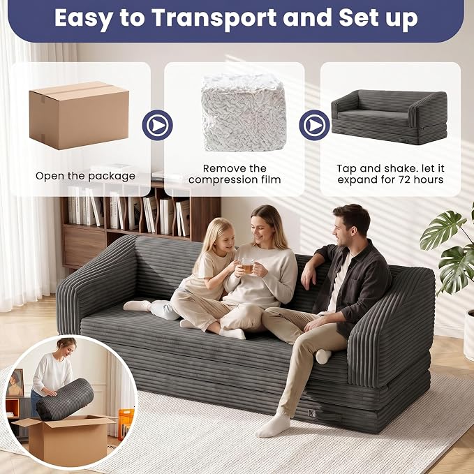 JUIKURY Convertible Sofa Bed, 3-in-1 Foldable Loveseat Couch with Armrest, Corduroy Floor Sofa & Sleeper Bed, No Assembly High-Density Foam Futon Mattress for Living Room, Small Apartment, Dorm