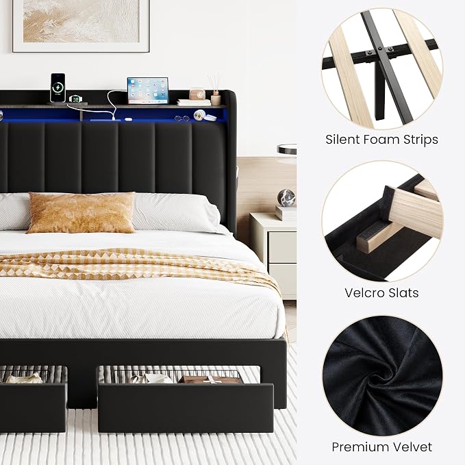 SHA CERLIN Velvet Queen Bed Frame with Vertical Channel Tufted Wingback Headboard & 2 Storage Drawers/2-Tier Shelves with LED Lights & Charging Station/Noise-Free/No Box Spring Needed/Black