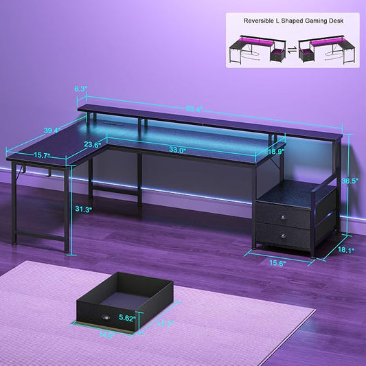 Korfile 66'' L Shaped Gaming Desk with Drawers and Storage Shelves, Reversible Corner Desk with Power Outlets and Host Stand, Large Computer Desk with Led Lights for Gaming, Work, Home Office, Black