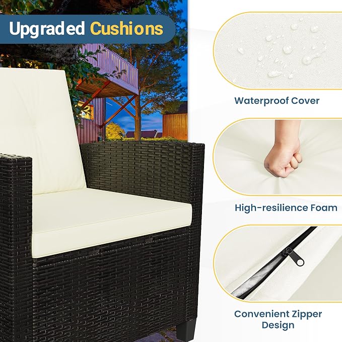 Wisteria Lane 4 Piece Patio Furniture Set, Wicker Outdoor Patio Conversation Furniture Set, All Weather Outdoor Patio Sofa with Cushion and Wood Table, Beige Wood