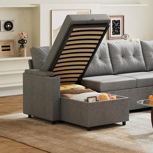 WLIVE 110'' Sectional Couches for Living Room, Pull Out Couch, U Shape 7 Seat Sleeper Sofa with Storage Chaise and Pillows, Removable Sofa Cover, Cups Holders, USB Charging Station, Grey