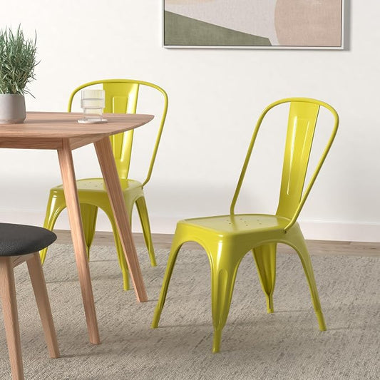 Nazhura Metal Dining Chair Farmhouse Tolix Style for Kitchen Dining Room Café Restaurant Bistro Patio, 18 Inch, Stackable, Waterproof Indoor/Outdoor (Sets of 4) (Steel Seat, Yellow)