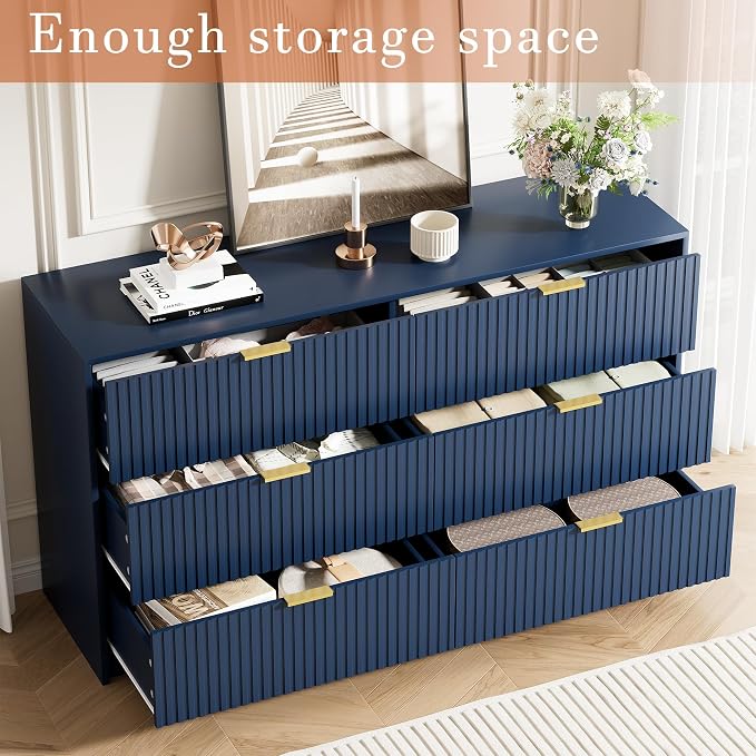 Furniway Blue Dresser Bedroom Set 3 Pieces, Nightstands Sets of 2, 6 Drawer Dresser with Gold Handles for Bedroom