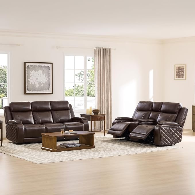 Watson & Whitely Genuine Leather Power Loveseat Recliner Sofa, Zero Gravity Reclining Sofa with Console, Power Headrest & Wireless Charging, Cup Holder, 2-Seater Recliner for Living Room, Dark Brown