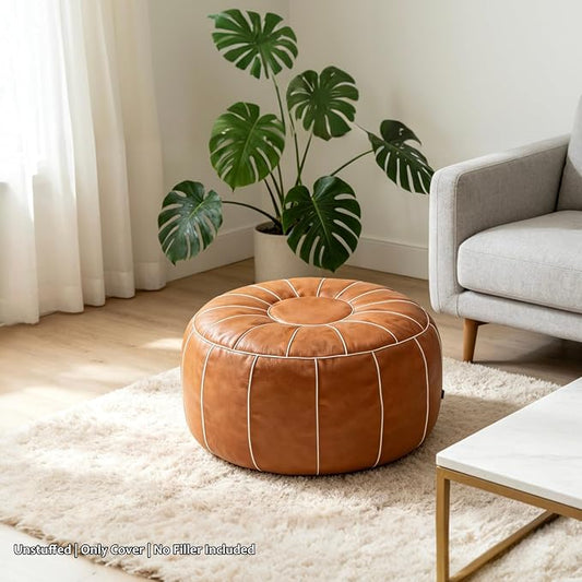 Thgonwid Unstuffed Moroccan Storage Pouf Foot Stool Ottoman Seat, No Filler Included, Handmade Faux Leather Bean Bag Floor Chair Foot Rest for Living Room, Bedroom or Balcony, Brown