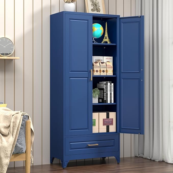 Polup Metal Storage Cabinet,75" Tall Kitchen Pantry Storage Cabinet with Doors and Adjustable Shelves, Blue Metal Pantry Cabinets with Drawer, Large Cupboard for Kitchen, Dining Living Room