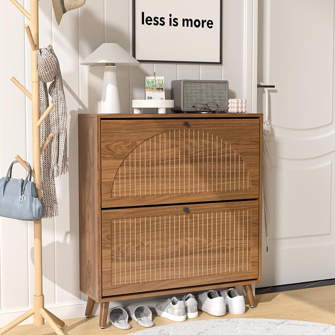 Fsbecl Shoe Storage Cabinet for Entryway with 2 Flip Drawers, Narrow Wood Shoe Cabinet with Fluted Panel, Freestanding Hidden Shoe Organizer for Foyer, Hallway (Walnut)