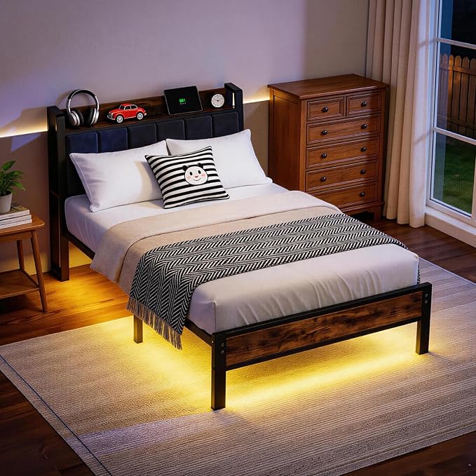 Liians Twin Size Bed Frame with Storage Headboard and Charging Station, Smart RGB LED Lights, Metal Platform Bed with USB & Type-C Ports, Noise Free, Easy Assembly, No Box Spring Needed