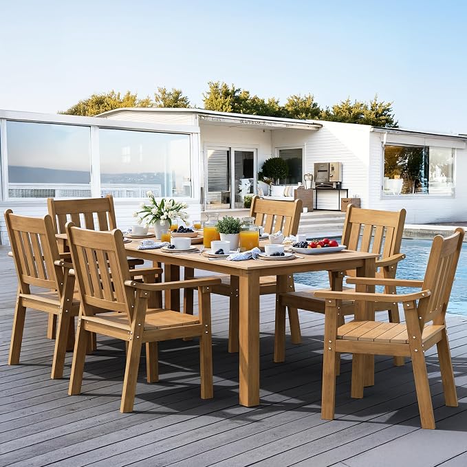 YEFU HIPS Patio Table Set: 7 Piece Outdoor Table and Chairs Dining Furniture Set with Umbrella Hole - Teak Modern Plastic Dining Sets 6 Person for Outside Deck with Metal Aluminum Frame