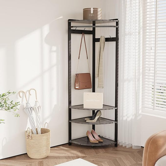 Coat Rack Freestanding with 6 Double Hooks, Shoe Bench & Storage Shelf - Freestanding Hall Tree Organizer for Entryway, Bedroom, Living Room, Space-Saving,Stone Grey
