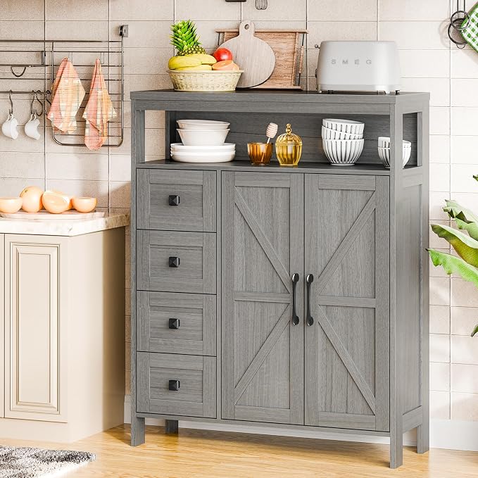 Vabches Farmhouse Storage Cabinet with 2 Doors and 4 Drawers, Freestanding Bathroom Compartment, Kitchen Pantry Cabinet, Floor Cupboard for Kitchen/Living Room/Bathroom (Wash Grey)