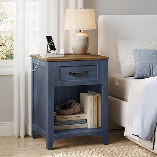 VASAGLE LIRY Collection - Farmhouse Nightstands with Charging Station, Set of 2 Bedside Tables, Side Tables with Drawer, Open Compartment, for Bedroom, Rustic Blue and Honey Brown LET659Q101S-2J