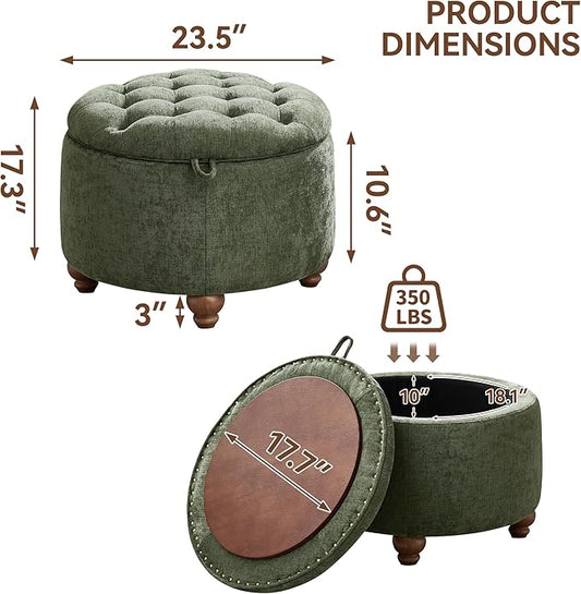 WUTUTUEE 24Inch Round Storage Ottoman with Tray, Modern Tufted Circle Coffee Table with Storage, Upholstered Ottoman with Removable Top for Living Room, Bedroom, Chenille Green