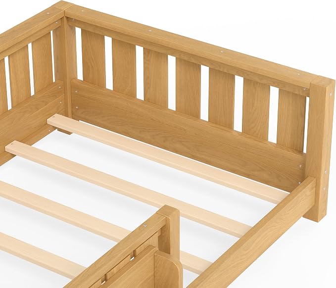 Bellemave Twin Size Floor Bed with high Rails and with Built-in Bookshelf for Kids, Girls, Boys, Wood Montessori Floor Bed Without Door, Light Natural