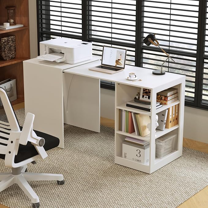 58" Office Desk with Pull Out Table on Hidden Wheels, Computer Desk with 3-Tier Open Shelves, Folding Desks for Small Spaces, as Kitchen Island, Bar(White)
