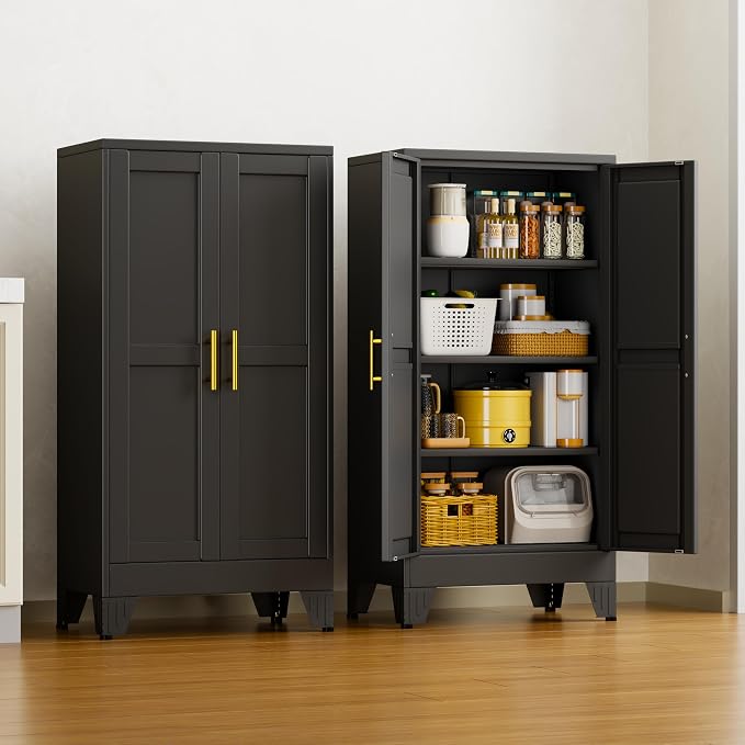 47" Black Metal Storage Cabinet with 2 Doors and 3 Adjustable Shelves,Steel Garage Tool Cabinet, File Cabinet,Kitchen Pantry Cabinet for Home,Office,Garage,School,Warehouse