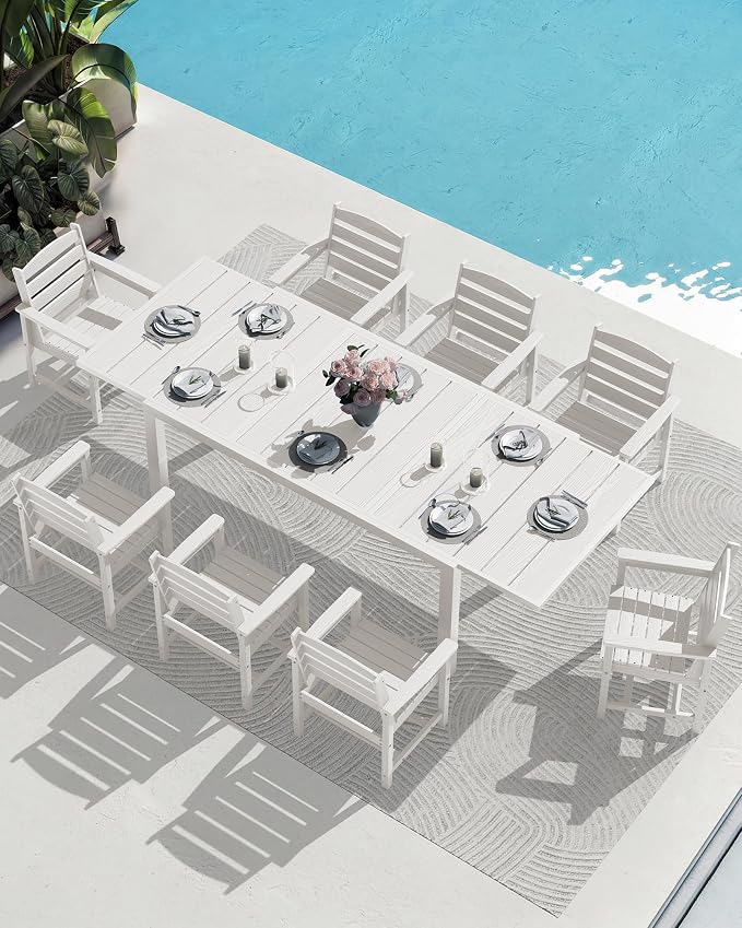 SERWALL 60" - 83" Expandable Outdoor Dining Table and 6 HDPE Chairs, White | Outdoor Dining Set for 6, All Weather Aluminum and HDPE Outdoor Furniture Set, Extendable Patio Dining Table
