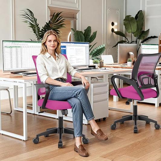 BestOffice | Ergonomic Office Chair | Mid-Back Swivel Desk Chair | Breathable Backrest & Lumbar Support | Adjustable Height | Sponge Seat | Rolling Wheels | Pink | for Adults & Women
