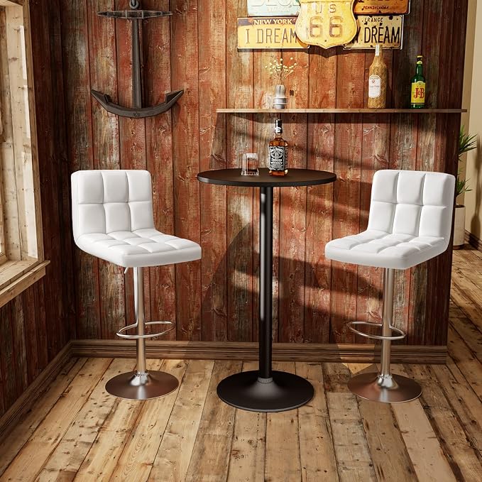 Homall Bar Stools Modern PU Leather Adjustable Swivel Barstools, Armless Hydraulic Kitchen Counter Bar Stool Extra Height Square Island Barstool with Back Set of 2 (Leather, White)