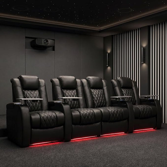 Weilianda Home Theater Seating Top Grain Leather Zero Gravity Recliner Chair Power Headrest Recline Movie Seat Gaming 7 Colors Mood Light Sofa with Tray Table USB Charge Row of 4 Loveseat Middle Black