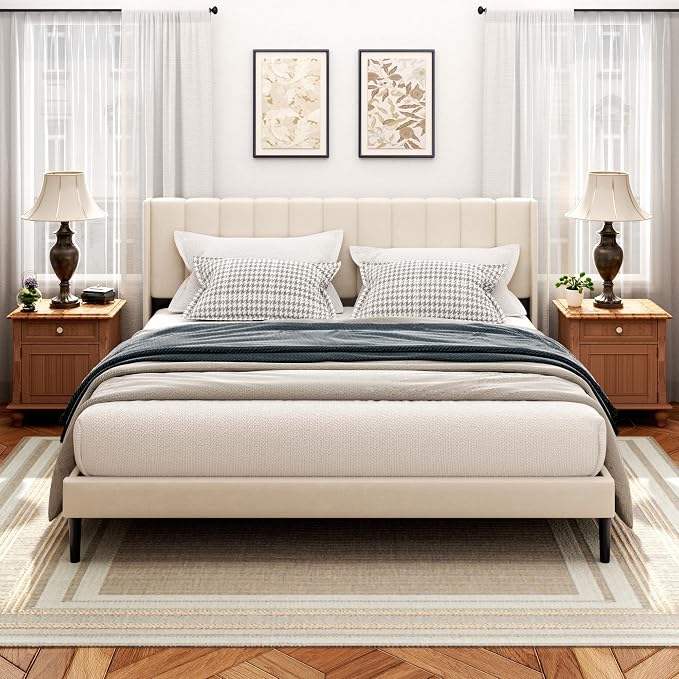 Sismplly King Size Bed Frame and Headboard,Vertical Channel Tufted Wingback No Box Spring Needed, Mattress Foundation, Easy Assembly, Beige