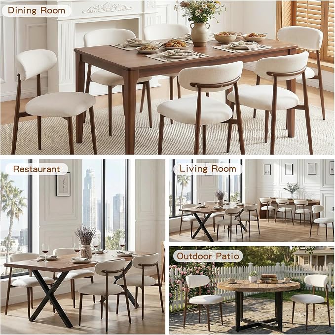 Furniliving Mid Century Modern Dining Chairs Set of 6, 300 lbs Capacity Upholstered Linen Kitchen Chairs with Walnut Grain Metal Legs and Ergonomic Curved Back, Beige(Walnut/Linen)