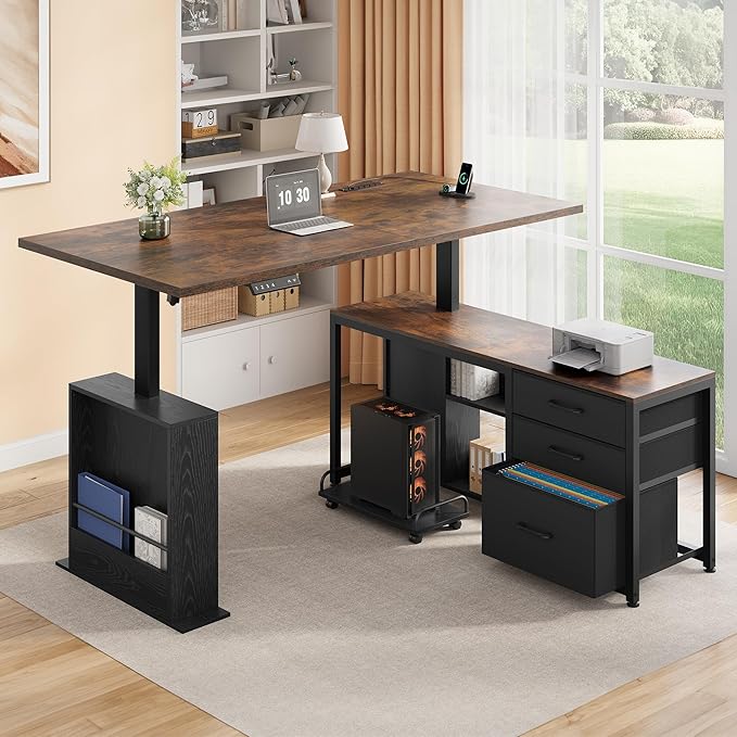 63 Inch L Shaped Desk with 3 Drawers Electric Standing Desks with Storage Computer Table Adjustable Height with Power Outlets 4 Memory Presets for Home Office, Rustic Brown