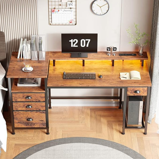 Furologee 60" Computer Desk with File Cabinet and Storage Shelves, Reversible Home Office Desk with LED Lights, Full Monitor Stand, Power Outlets, Study Gaming Table with 4 Drawers, Rustic Brown