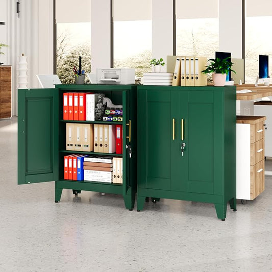 Green Metal Storage Cabinet, 36" Tall Locking Storage Cabinet with 2 Adjustable Shelves, Steel Locker Organizer, for Office, Home, School, 11.81" D x 23.62" W x 35.83" H