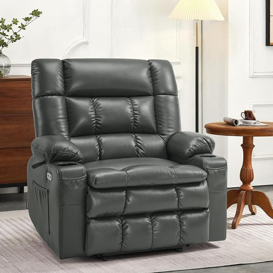 MCombo Small Dual Motor Power Lift Recliner Chair for Elderly, Zero Gravity Lift Chair with Heat and Massage, Lay Flat Recliner for Petite, USB Ports, Faux Leather R7894 (Grey, Small-Wide)
