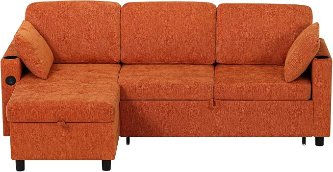 84 Inch Sleeper Sofa Bed w/7 Angles Adjustable Backrests, Chenille sectional Sofa Bed w/USB Port, Convertible L-Shaped Couch Bed w/Storage Chaise & Thicker Cushions for Living Room, Orange