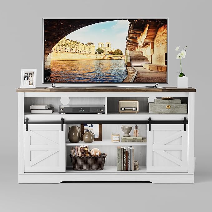 JUMMICO Fireplace TV Stand for 65+ Inch TV with 26'' Fireplace Entertainment Center with Storage Cabinet and Adjustable Shelves Media Console with Sliding Barn Door for Living Room (Milk White)