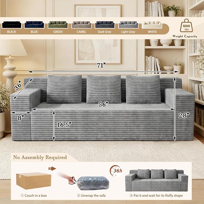 71" Corduroy Living Room Sofa, 3 Setaser Deep Seat Couch with 3 Lumbar Pillows, Comfy Boneless Sofa Modern Compressed Couch for Bedroom, Office, Apartment, No Assembly, Flat Armrests (Light Grey)