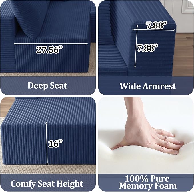 92.5" Modualr Sectional Sofa, L-Shape Corduroy Cloud Couch with Chaise,Upholstered Memory Foam Boneless Couch for Living Room, No Need Assembly,Blue(Right Facing Chaise)